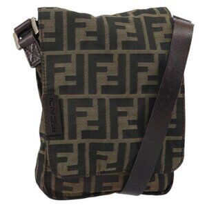 Authentic FENDI Zucca Canvas Shoulder Bag Black Brown